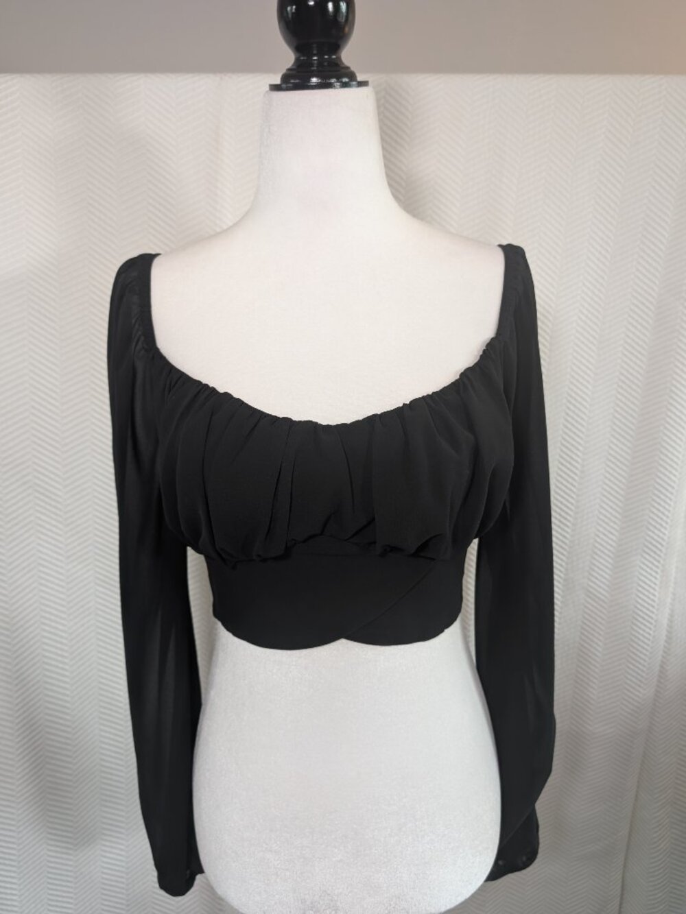 Blue Blush Black Crop Blouse Ruched Sheer Long Sleeve Waist Tie  Romantic Medium